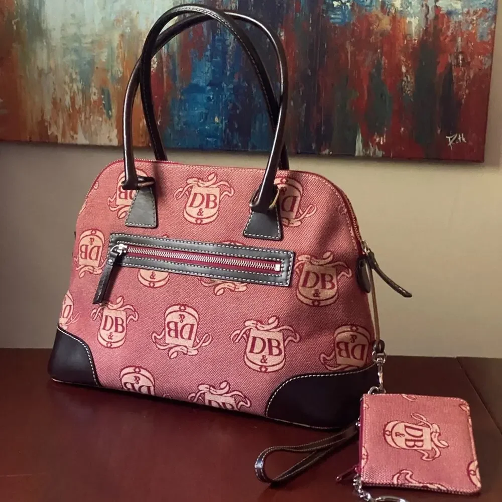 Vintage Dooney & Bourke Logo Canvas Red Domed Satchel Purse and Wristlet Set